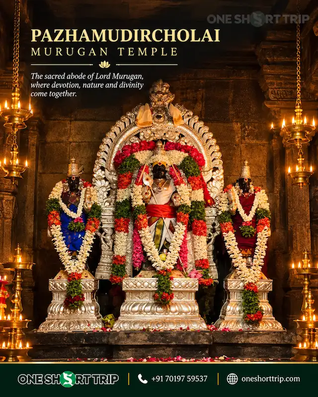 Solaimalai Murugan with Valli and Deivanai at Pazhamudircholai