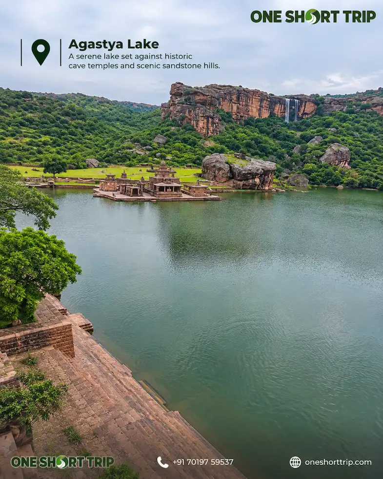 Agastya Lake surrounded by sandstone cliffs in Badami