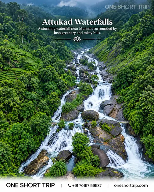 Attukad Waterfalls surrounded by green hills near Munnar