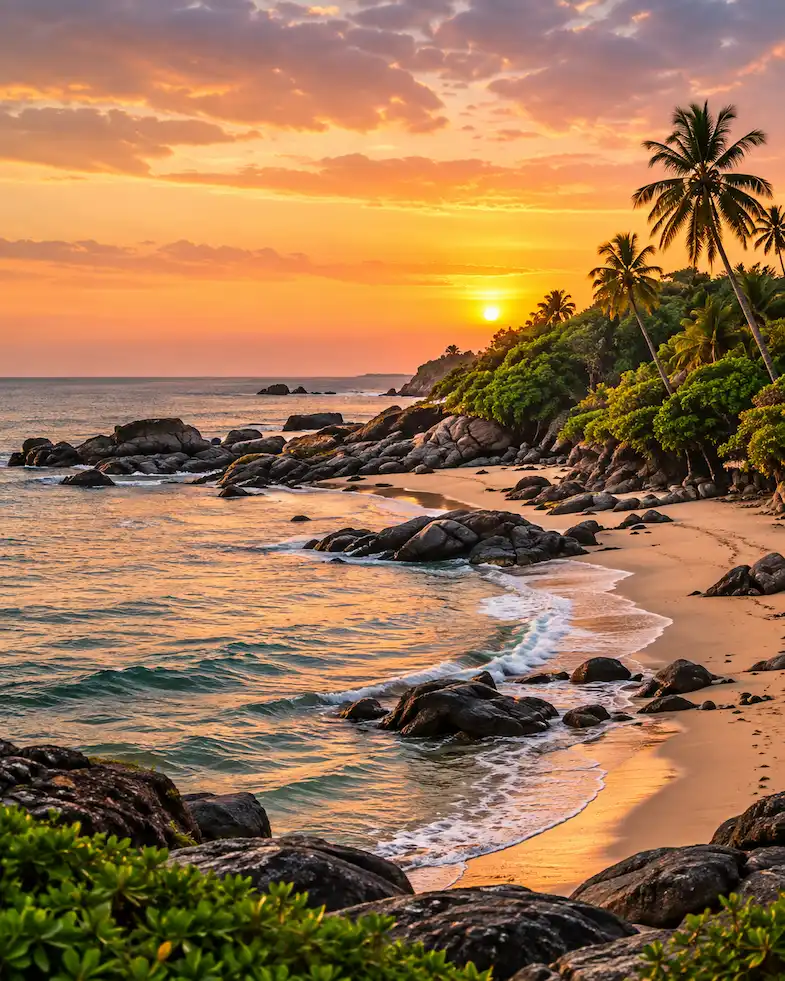Palm-lined rocky coastline at sunset