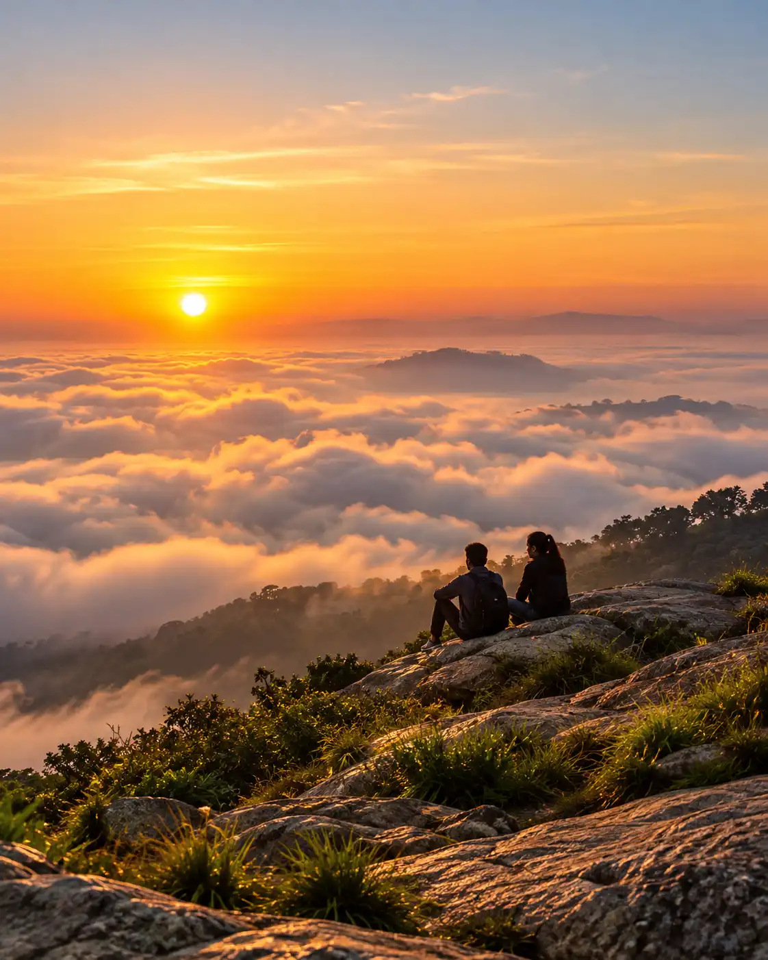 Travellers watching sunrise over cloud-filled hills