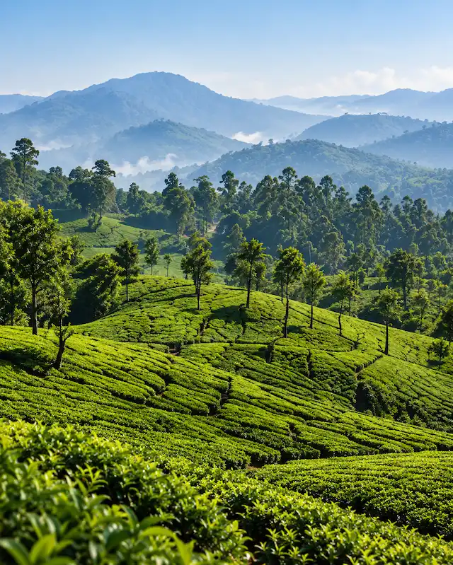 Green tea plantations with misty hills in the background