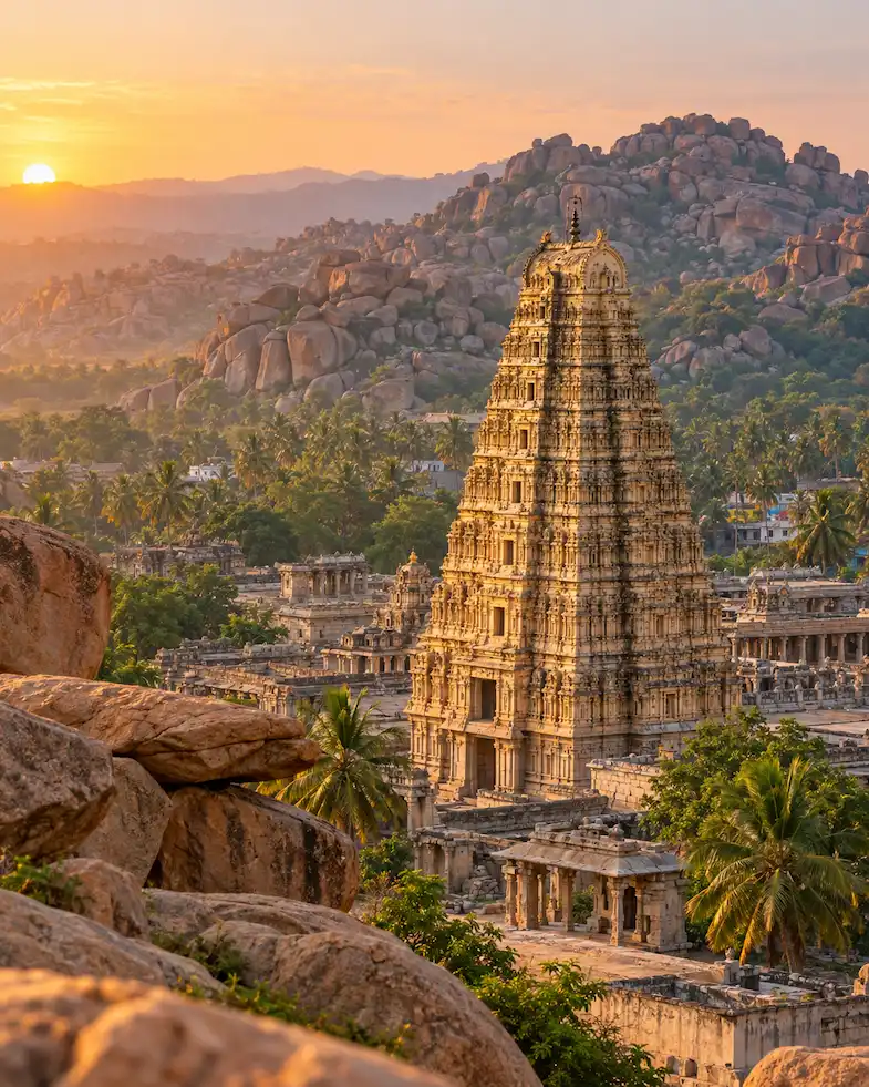 Illustrated temple tower among Hampi's granite boulders