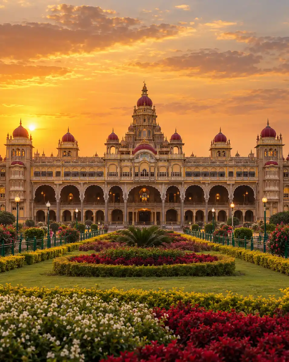 Illustrated view of Mysuru Palace at sunset