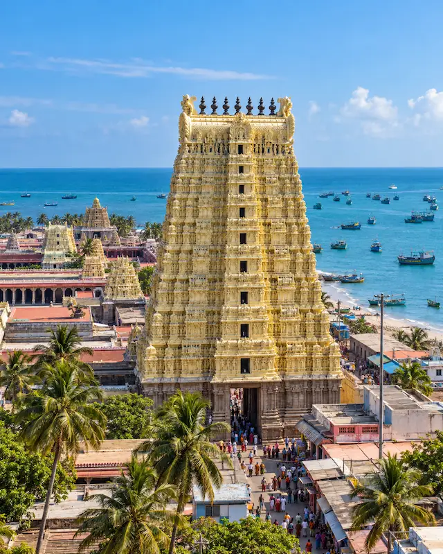 Illustrated coastal temple scene representing Rameswaram