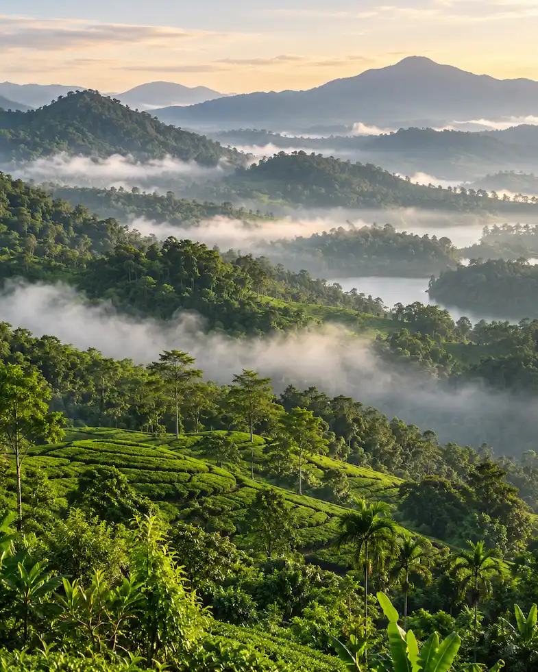 Misty green hills and forests representing Wayanad