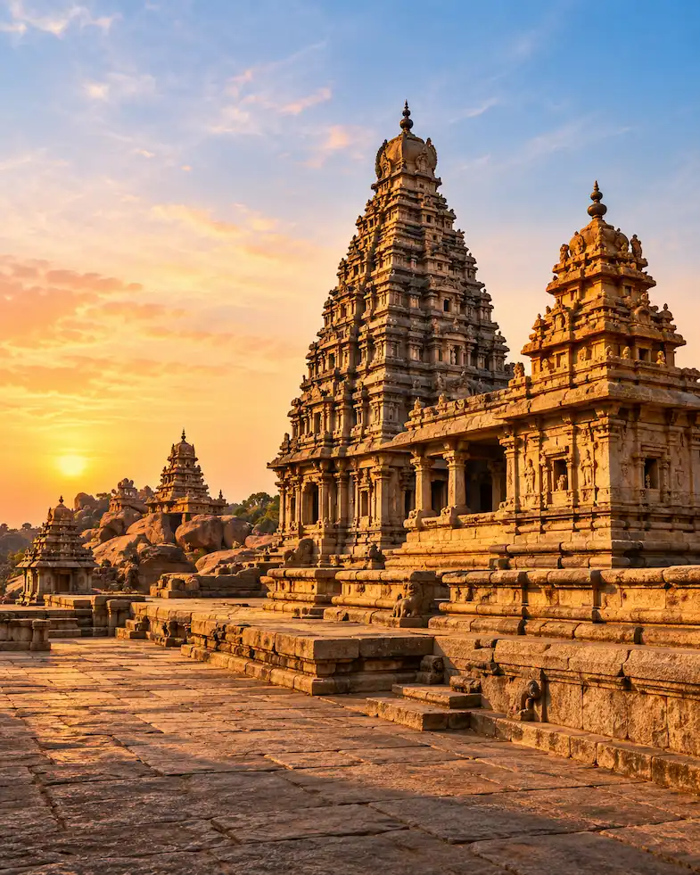 Temple-inspired stone architecture at sunset
