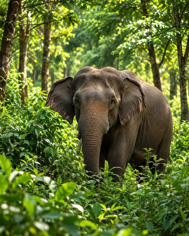 Asian elephant standing in a green forest
