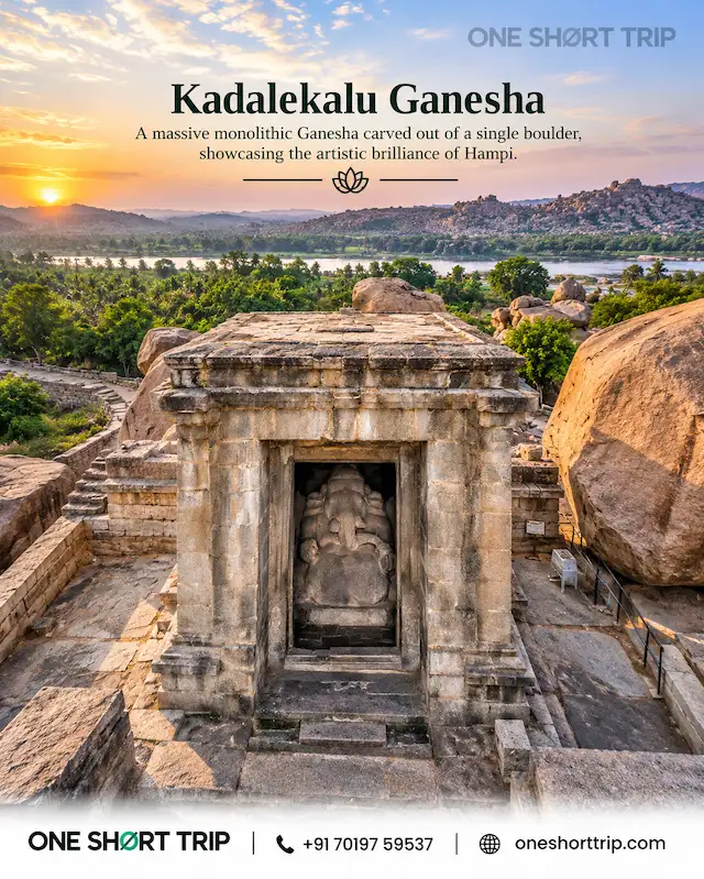 Kadalekalu Ganesha statue and pillared hall in Hampi