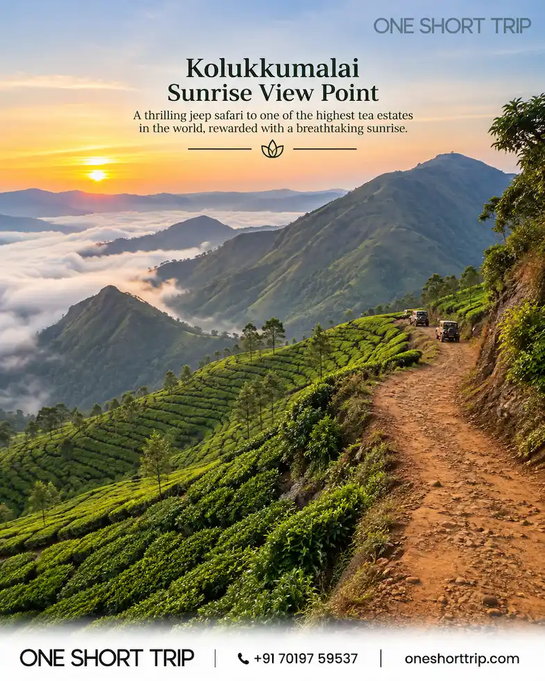 Kolukkumalai Sunset Viewpoint overlooking mountain ranges near Munnar
