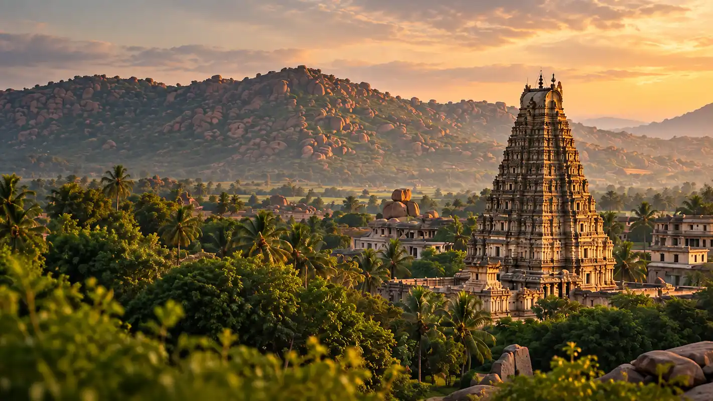 Temple-inspired tower and green boulder hills at sunset