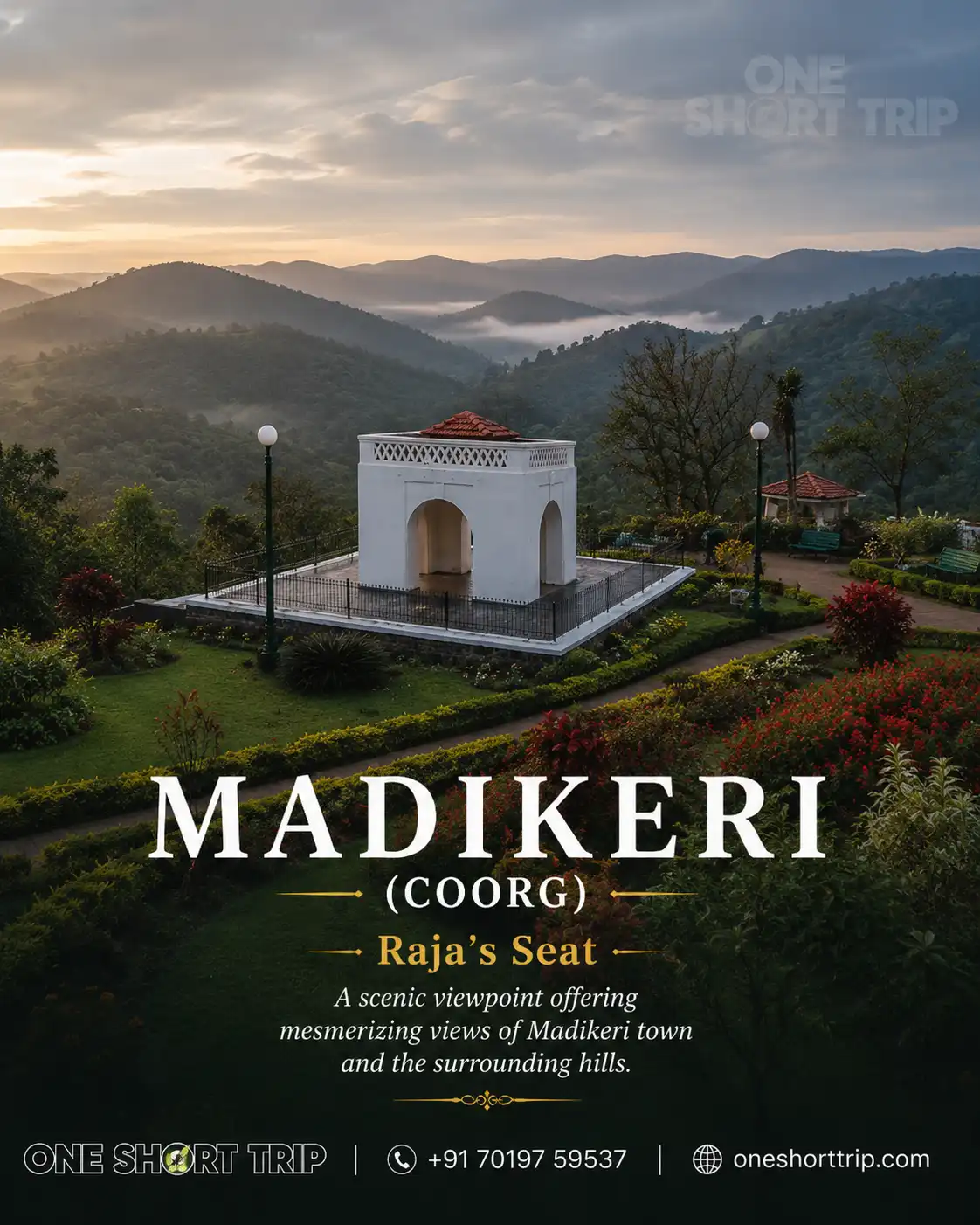 Raja's Seat and the green hills of Coorg on a tour from Bangalore